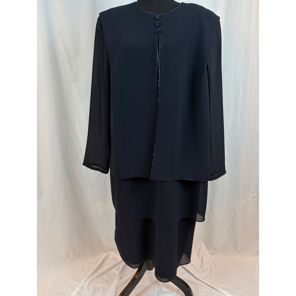 After Dark Navy Blue Beaded Layered Evening Gown Dress Plus Size 22 Made in USA